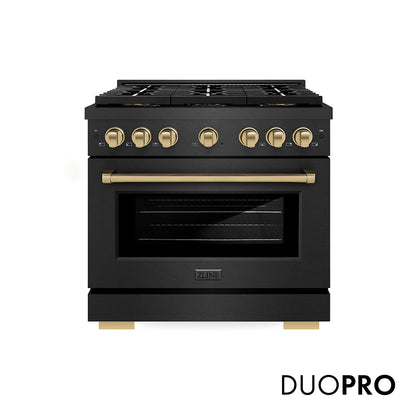 ZLINE Autograph Edition 36 in. 5.2 cu. ft. Paramount Gas Range with 6 Burner DuoPro™ Cooktop and Convection Gas Oven in Black Satin Stainless Steel and Champagne Bronze Accents, Open Box-Good Condition