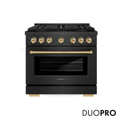 ZLINE Autograph Edition 36 in. 5.2 cu. ft. Paramount Gas Range with 6 Burner DuoPro™ Cooktop and Convection Gas Oven in Black Satin Stainless Steel and Champagne Bronze Accents, Open Box-Great Condition