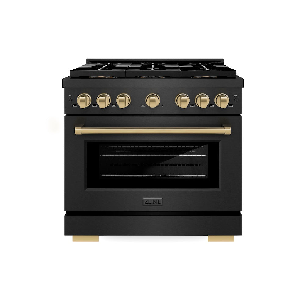 ZLINE Autograph Edition 36 in. 5.2 cu. ft. Paramount Gas Range with 6 Burner DuoPro™ Cooktop and Convection Gas Oven in Black Satin Stainless Steel and Champagne Bronze Accents (PSGRBSZ-36-CB) front.