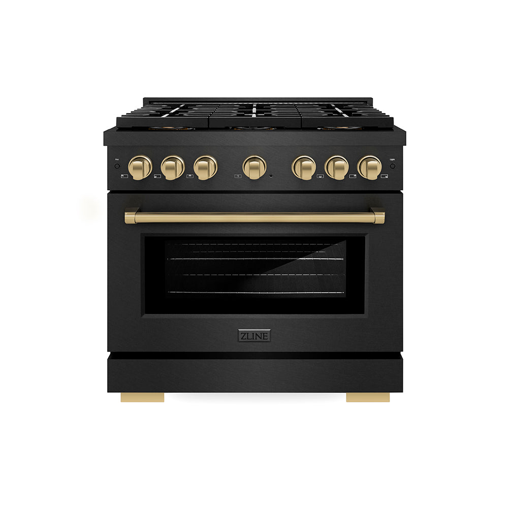 ZLINE Autograph Edition 36 in. 5.2 cu. ft. Paramount Gas Range with 6 Burner DuoPro™ Cooktop and Convection Gas Oven in Black Satin Stainless Steel and Champagne Bronze Accents, Open Box-Good Condition