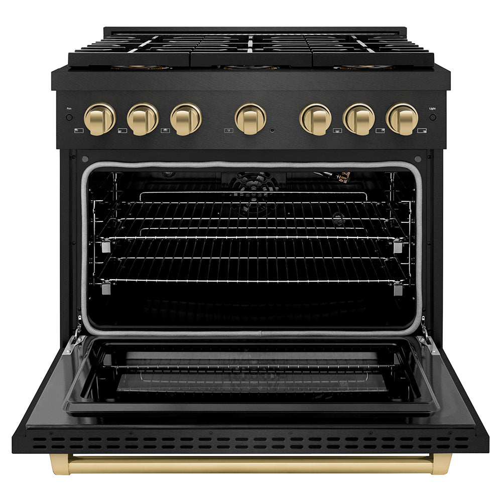 ZLINE Autograph Edition 36 in. 5.2 cu. ft. Paramount Gas Range with 6 Burner DuoPro™ Cooktop and Convection Gas Oven in Black Satin Stainless Steel and Champagne Bronze Accents, Open Box-Good Condition