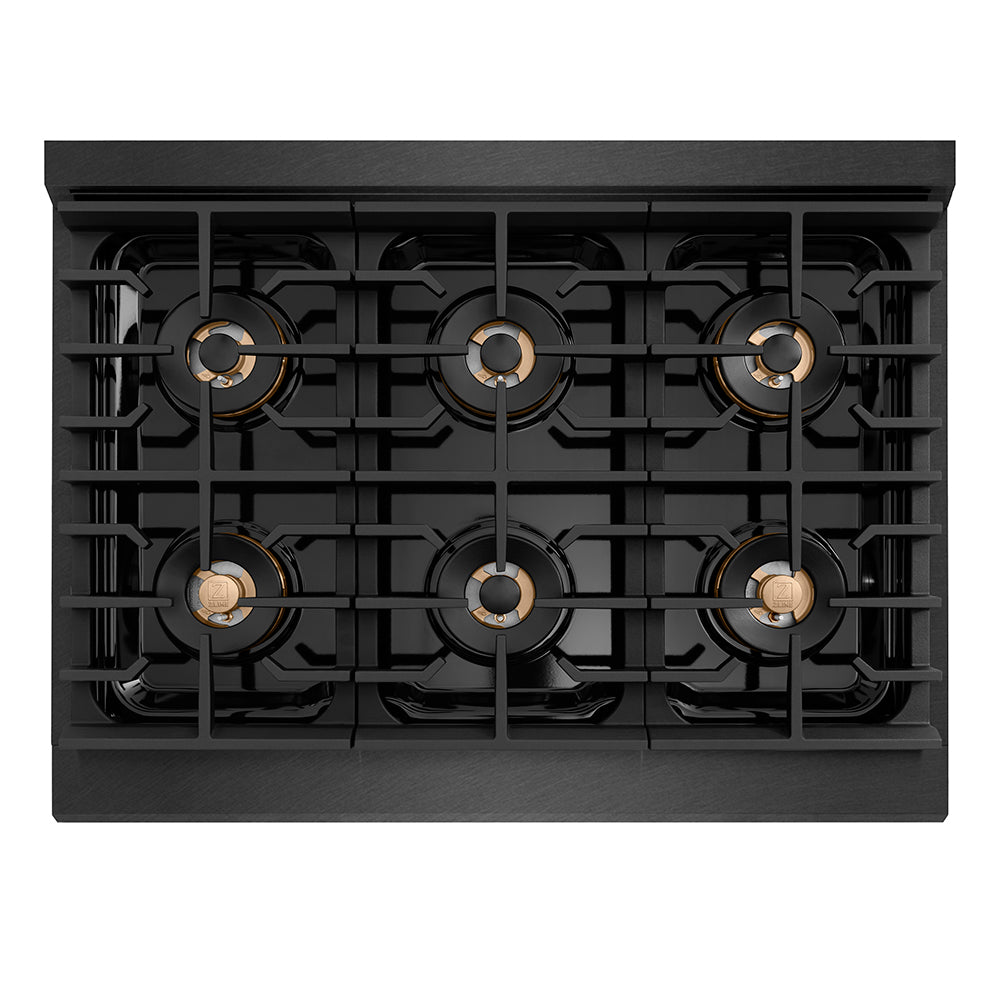 ZLINE Autograph Edition 36 in. 5.2 cu. ft. Paramount Gas Range with 6 Burner DuoPro™ Cooktop and Convection Gas Oven in Black Satin Stainless Steel and Champagne Bronze Accents, Open Box-Good Condition