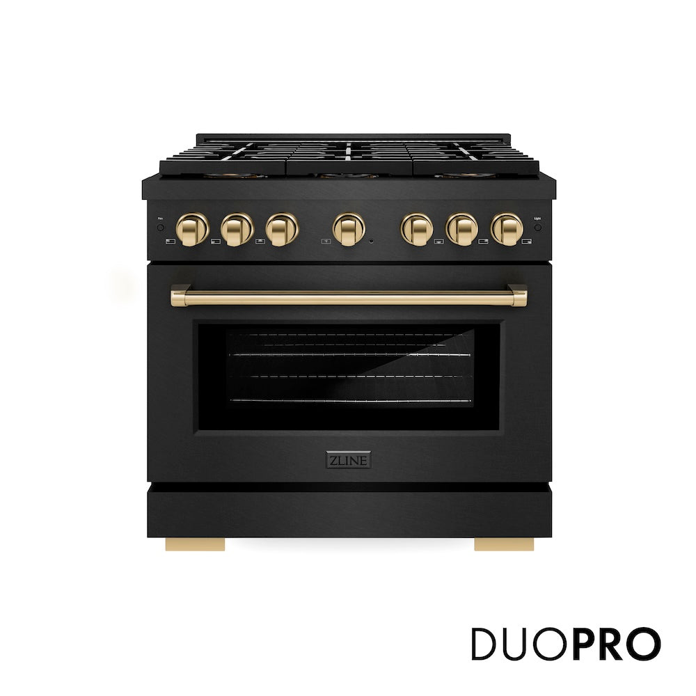 ZLINE Autograph Edition 36 in. 5.2 cu. ft. Paramount Gas Range with 6 Burner DuoPro™ Cooktop and Convection Gas Oven in Black Satin Stainless Steel and Polished Gold Accents (PSGRBSZ-36-G) front, with DuoPro™ logo.