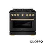 ZLINE Autograph Edition 36 in. 5.2 cu. ft. Paramount Gas Range with 6 Burner DuoPro™ Cooktop and Convection Gas Oven in Black Satin Stainless Steel and Polished Gold Accents, Open Box-Good Condition