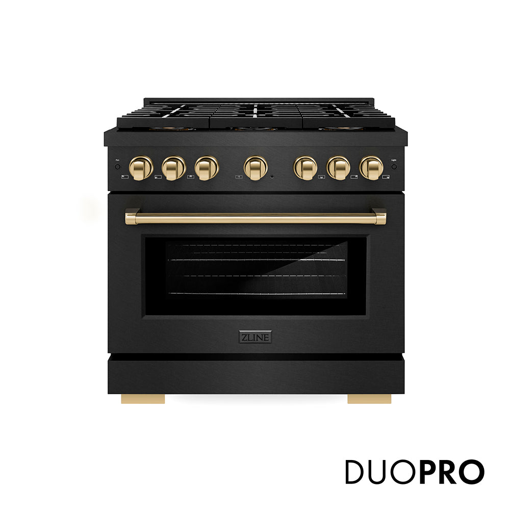 ZLINE Autograph Edition 36 in. 5.2 cu. ft. Paramount Gas Range with 6 Burner DuoPro™ Cooktop and Convection Gas Oven in Black Satin Stainless Steel and Polished Gold Accents, Open Box-Good Condition