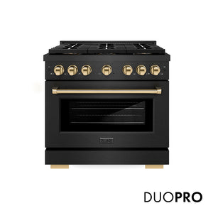 ZLINE Autograph Edition 36 in. 5.2 cu. ft. Paramount Gas Range with 6 Burner DuoPro™ Cooktop and Convection Gas Oven in Black Satin Stainless Steel and Polished Gold Accents, Open Box-Good Condition main image.