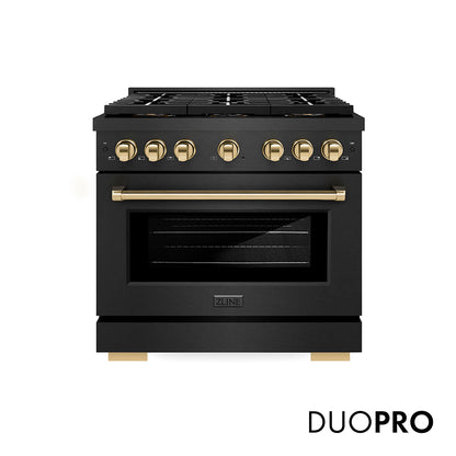 ZLINE Autograph Edition 36 in. 5.2 cu. ft. Paramount Gas Range with 6 Burner DuoPro™ Cooktop and Convection Gas Oven in Black Satin Stainless Steel and Polished Gold Accents, Open Box-Good Condition