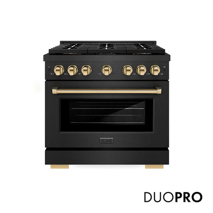 ZLINE Autograph Edition 36 in. 5.2 cu. ft. Paramount Gas Range with 6 Burner DuoPro™ Cooktop and Convection Gas Oven in Black Satin Stainless Steel and Polished Gold Accents, Open Box-Great Condition