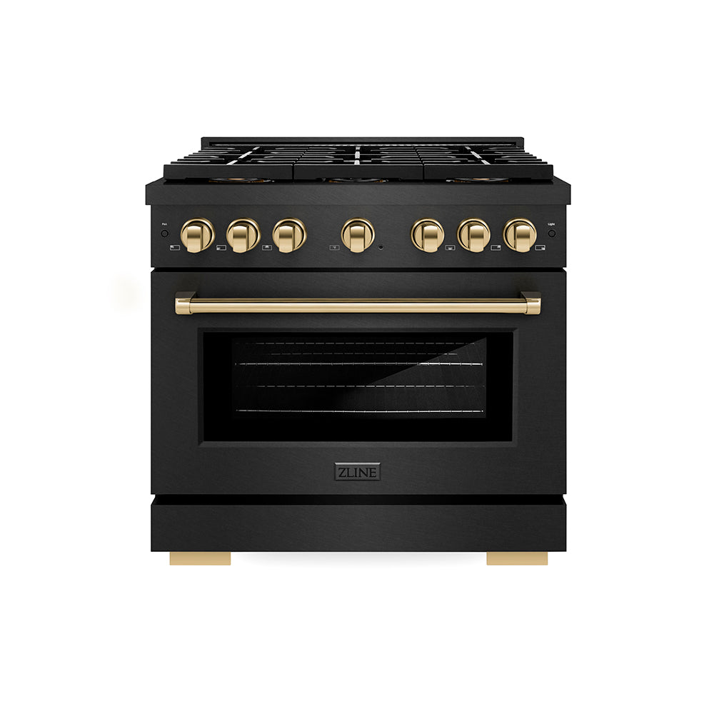 ZLINE Autograph Edition 36 in. 5.2 cu. ft. Paramount Gas Range with 6 Burner DuoPro™ Cooktop and Convection Gas Oven in Black Satin Stainless Steel and Polished Gold Accents, Open Box-Good Condition