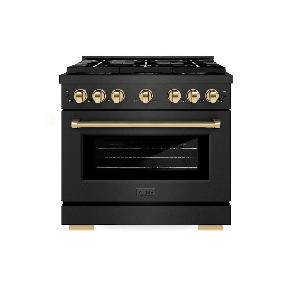 ZLINE Autograph Edition 36 in. 5.2 cu. ft. Paramount Gas Range with 6 Burner DuoPro™ Cooktop and Convection Gas Oven in Black Satin Stainless Steel and Polished Gold Accents (PSGRBSZ-36-G) front.