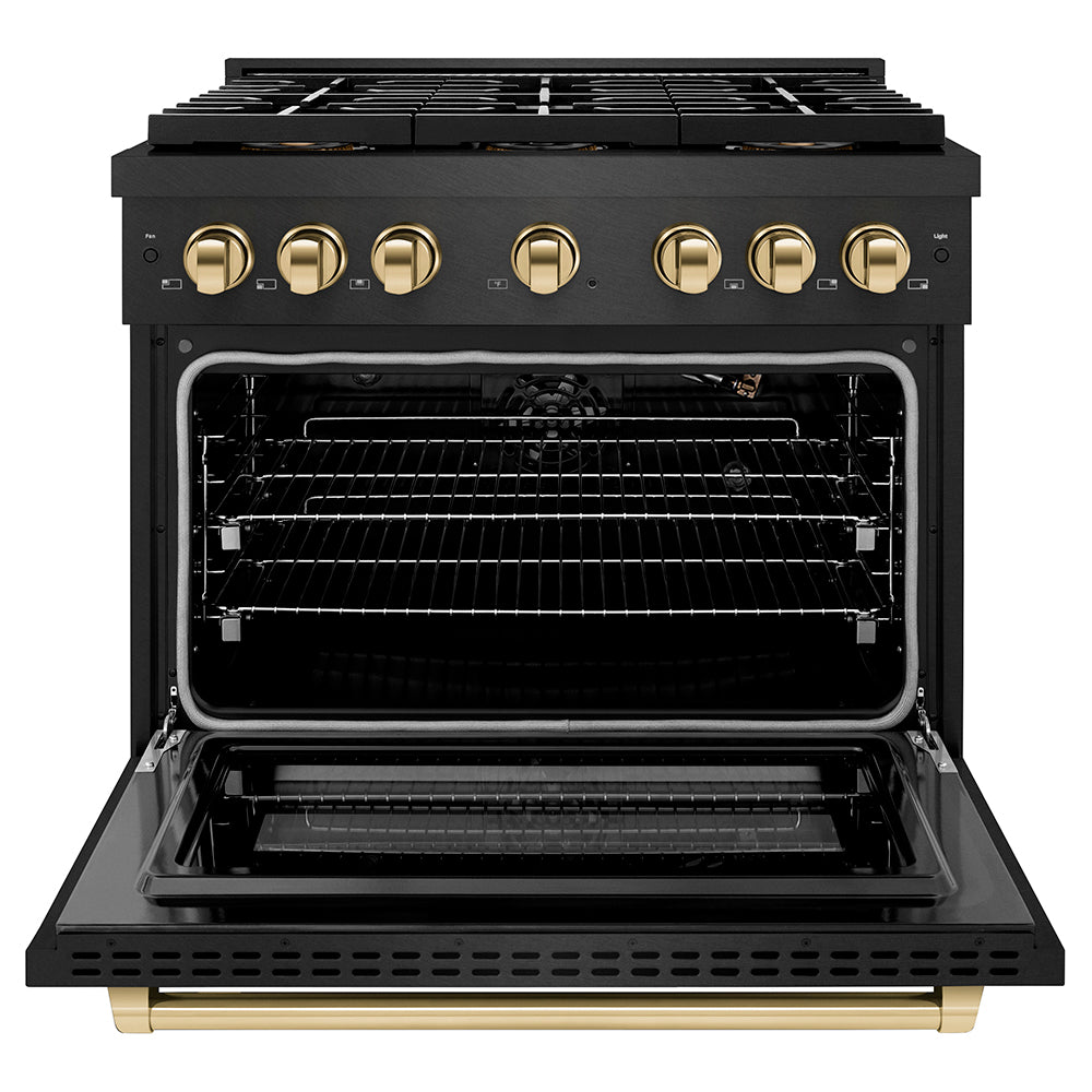ZLINE Autograph Edition 36 in. 5.2 cu. ft. Paramount Gas Range with 6 Burner DuoPro™ Cooktop and Convection Gas Oven in Black Satin Stainless Steel and Polished Gold Accents, Open Box-Good Condition
