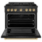 ZLINE Autograph Edition 36 in. 5.2 cu. ft. Paramount Gas Range with 6 Burner DuoPro™ Cooktop and Convection Gas Oven in Black Satin Stainless Steel and Polished Gold Accents (PSGRBSZ-36-G) front, oven open.