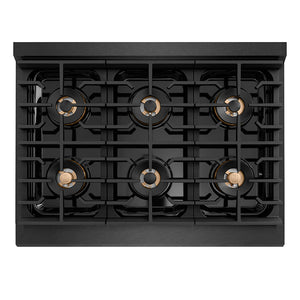 ZLINE Autograph Edition 36 in. 5.2 cu. ft. Paramount Gas Range with 6 Burner DuoPro™ Cooktop and Convection Gas Oven in Black Satin Stainless Steel and Polished Gold Accents, Open Box-Good Condition
