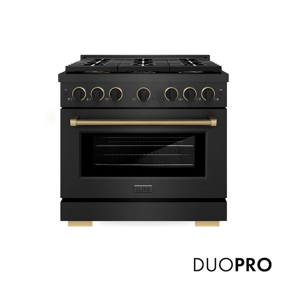 ZLINE Designer Collection 36 in. 5.2 cu. ft. Paramount Gas Range with 6 Burner DuoPro™ Cooktop and Convection Gas Oven in Black Satin Stainless Steel with Matte Black and Champagne Bronze Accents (PSGRBSZ-36-MBCB) front, with DuoPro™ logo.