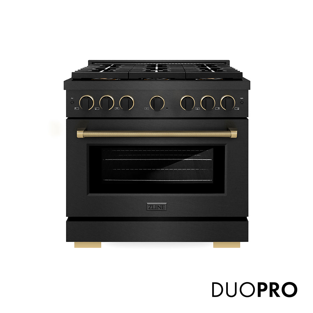 ZLINE Designer Collection 36 in. 5.2 cu. ft. Paramount Gas Range with 6 Burner DuoPro™ Cooktop and Convection Gas Oven in Black Satin Stainless Steel with Matte Black and Champagne Bronze Accents, Open Box-Good Condition