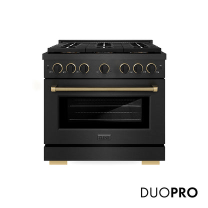 ZLINE Designer Collection 36 in. 5.2 cu. ft. Paramount Gas Range with 6 Burner DuoPro™ Cooktop and Convection Gas Oven in Black Satin Stainless Steel with Matte Black and Champagne Bronze Accents, Open Box-Good Condition