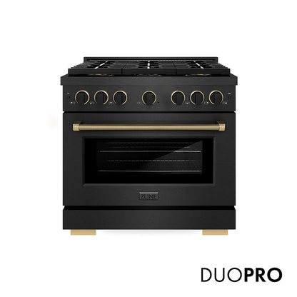ZLINE Designer Collection 36 in. 5.2 cu. ft. Paramount Gas Range with 6 Burner DuoPro™ Cooktop and Convection Gas Oven in Black Satin Stainless Steel with Matte Black and Champagne Bronze Accents, Open Box-Great Condition