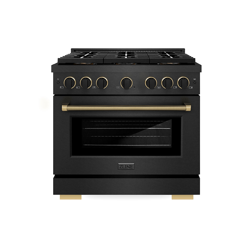 ZLINE Designer Collection 36 in. 5.2 cu. ft. Paramount Gas Range with 6 Burner DuoPro™ Cooktop and Convection Gas Oven in Black Satin Stainless Steel with Matte Black and Champagne Bronze Accents, Open Box-Good Condition