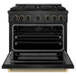 ZLINE Designer Collection 36 in. 5.2 cu. ft. Paramount Gas Range with 6 Burner DuoPro™ Cooktop and Convection Gas Oven in Black Satin Stainless Steel with Matte Black and Champagne Bronze Accents, Open Box-Great Condition