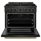 ZLINE Designer Collection 36 in. 5.2 cu. ft. Paramount Gas Range with 6 Burner DuoPro™ Cooktop and Convection Gas Oven in Black Satin Stainless Steel with Matte Black and Champagne Bronze Accents (PSGRBSZ-36-MBCB) front, oven open.