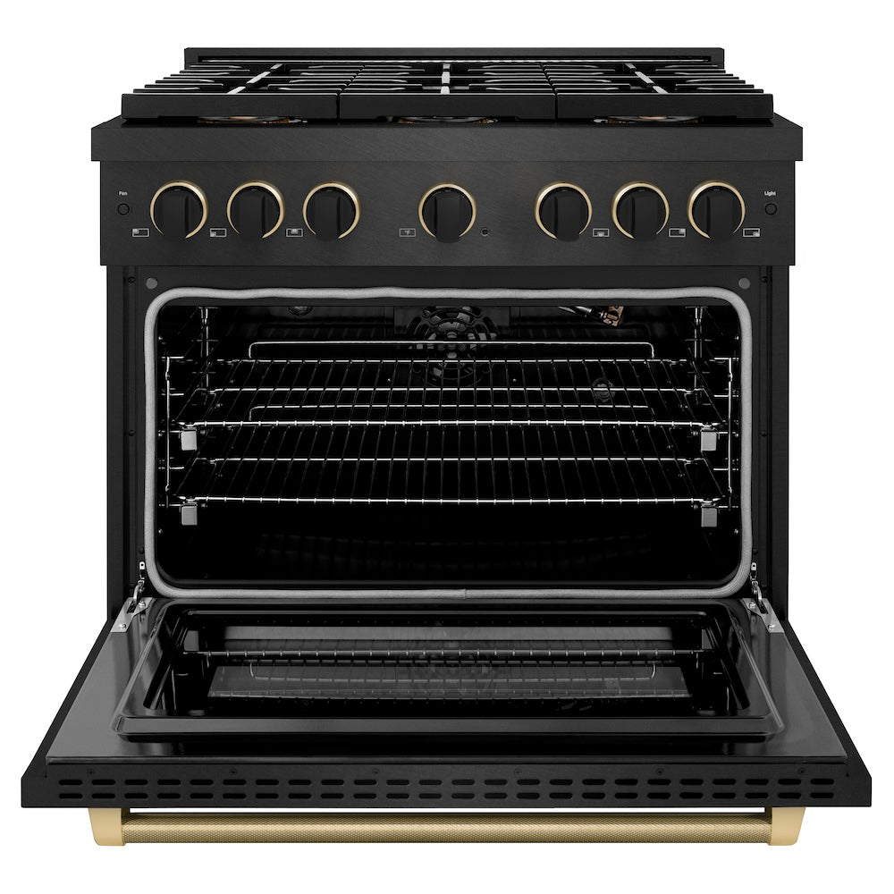 ZLINE Designer Collection 36 in. 5.2 cu. ft. Paramount Gas Range with 6 Burner DuoPro™ Cooktop and Convection Gas Oven in Black Satin Stainless Steel with Matte Black and Champagne Bronze Accents (PSGRBSZ-36-MBCB) front, oven open.
