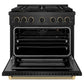 ZLINE Designer Collection 36 in. 5.2 cu. ft. Paramount Gas Range with 6 Burner DuoPro™ Cooktop and Convection Gas Oven in Black Satin Stainless Steel with Matte Black and Champagne Bronze Accents, Open Box-Good Condition