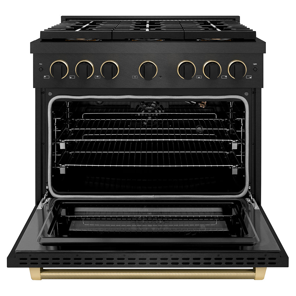 ZLINE Designer Collection 36 in. 5.2 cu. ft. Paramount Gas Range with 6 Burner DuoPro™ Cooktop and Convection Gas Oven in Black Satin Stainless Steel with Matte Black and Champagne Bronze Accents, Open Box-Good Condition