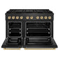 ZLINE Autograph Edition 48 in. 6.7 cu. ft. Paramount Gas Range with 8 Burner DuoPro™ Cooktop and Dual Ovens in Black Satin Stainless Steel and Champagne Bronze Accents (PSGRBSZ-48-CB) front, oven open.