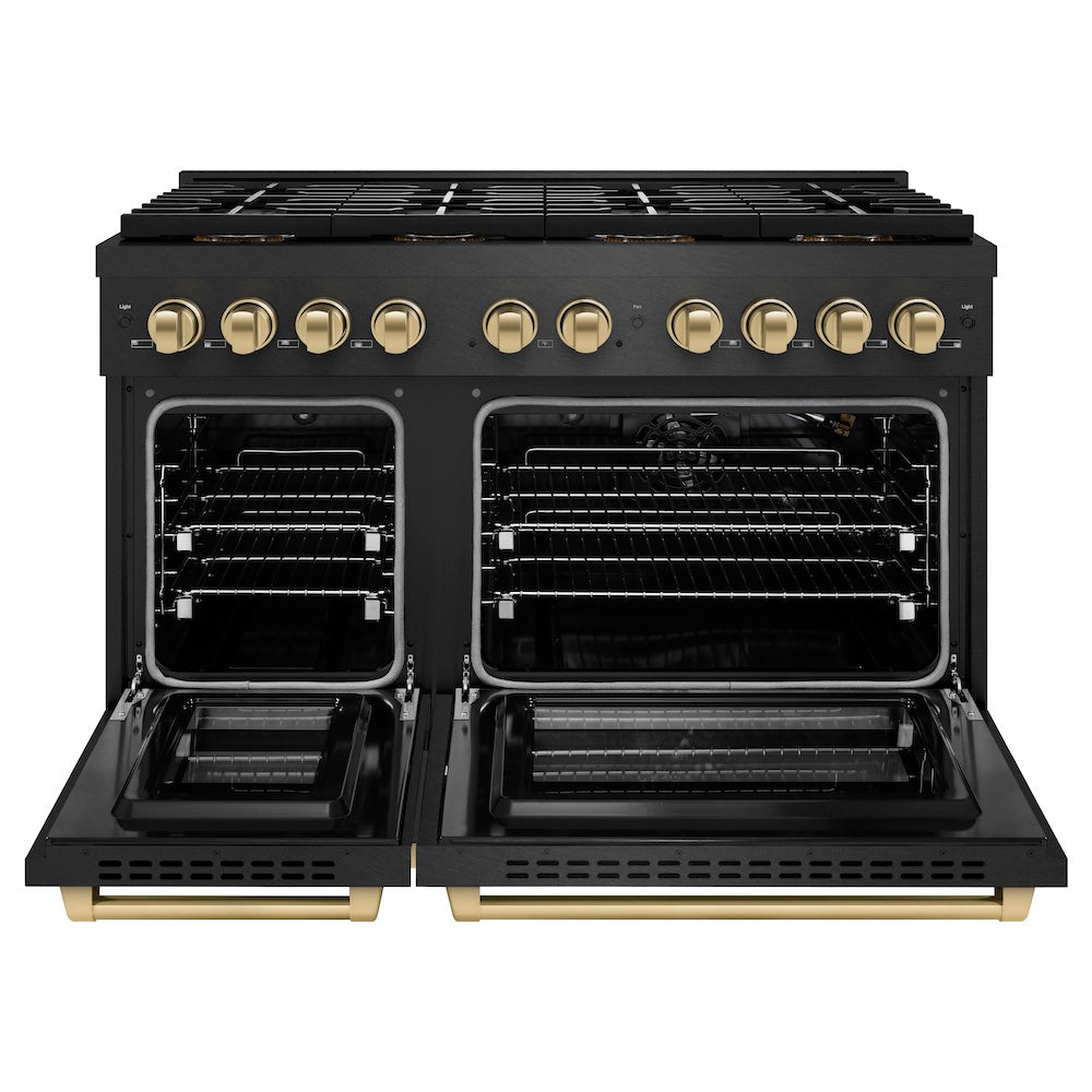 ZLINE Autograph Edition 48 in. 6.7 cu. ft. Paramount Gas Range with 8 Burner DuoPro™ Cooktop and Dual Ovens in Black Satin Stainless Steel and Champagne Bronze Accents (PSGRBSZ-48-CB) front, oven open.