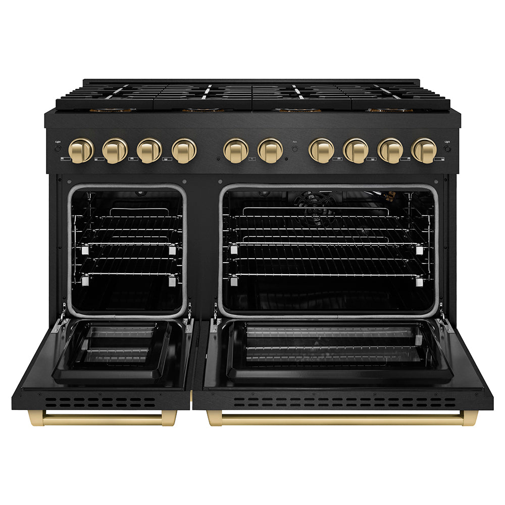 ZLINE Autograph Edition 48 in. 6.7 cu. ft. Paramount Gas Range with 8 Burner DuoPro™ Cooktop and Dual Ovens in Black Satin Stainless Steel and Champagne Bronze Accents, Open Box-Good Condition