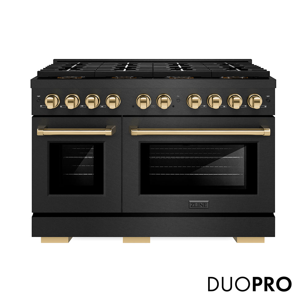 ZLINE Autograph Edition 48 in. 6.7 cu. ft. Paramount Gas Range with 8 Burner DuoPro™ Cooktop and Dual Ovens in Black Satin Stainless Steel and Polished Gold Accents, Open Box-Good Condition