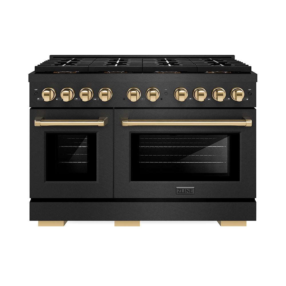 ZLINE Autograph Edition 48 in. 6.7 cu. ft. Paramount Gas Range with 8 Burner DuoPro™ Cooktop and Dual Ovens in Black Satin Stainless Steel and Polished Gold Accents, Open Box-Good Condition