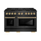 ZLINE Autograph Edition 48 in. 6.7 cu. ft. Paramount Gas Range with 8 Burner DuoPro™ Cooktop and Dual Ovens in Black Satin Stainless Steel and Polished Gold Accents (PSGRBSZ-48-G) front.