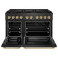 ZLINE Autograph Edition 48 in. 6.7 cu. ft. Paramount Gas Range with 8 Burner DuoPro™ Cooktop and Dual Ovens in Black Satin Stainless Steel and Polished Gold Accents (PSGRBSZ-48-G) front, oven open.