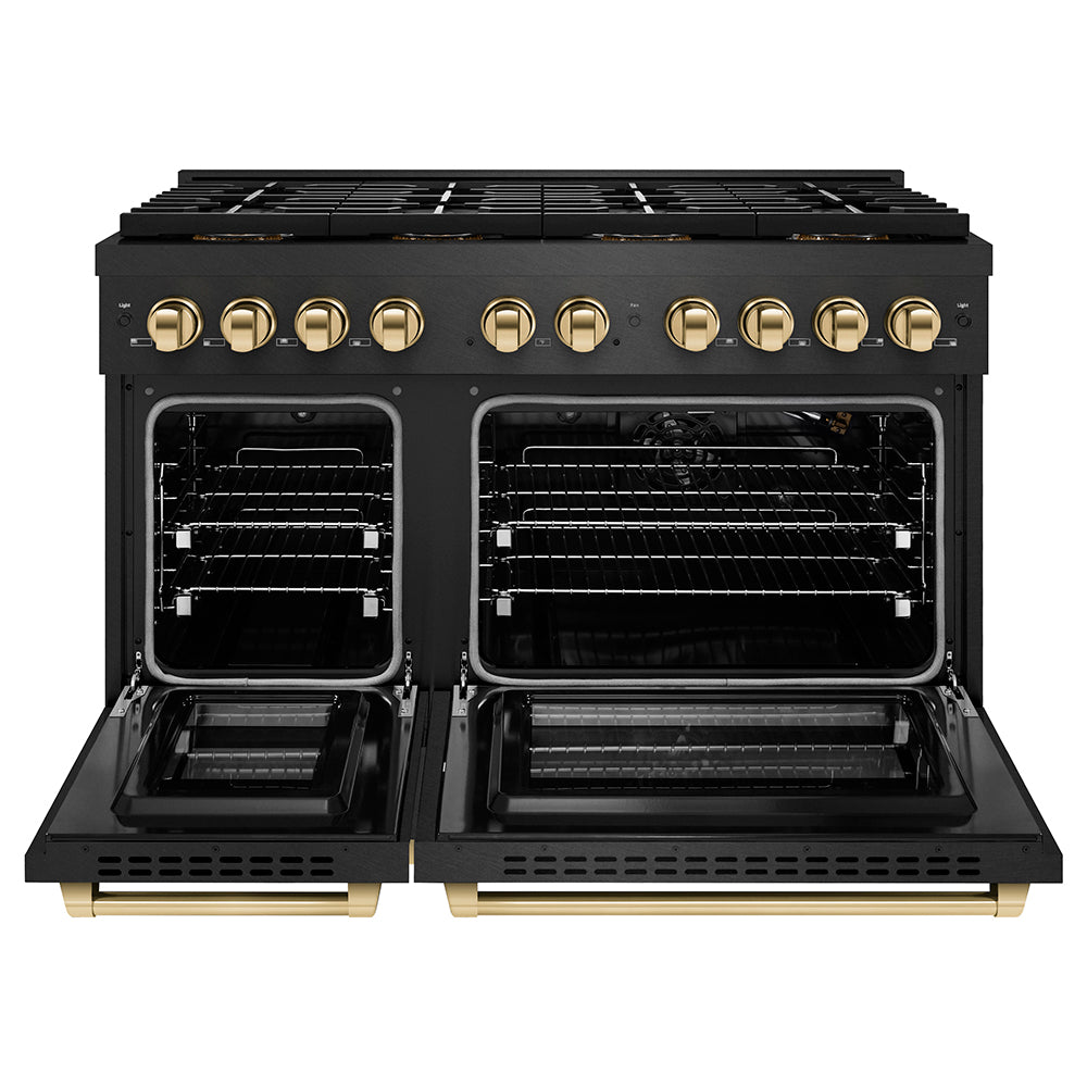 ZLINE Autograph Edition 48 in. 6.7 cu. ft. Paramount Gas Range with 8 Burner DuoPro™ Cooktop and Dual Ovens in Black Satin Stainless Steel and Polished Gold Accents, Open Box-Good Condition
