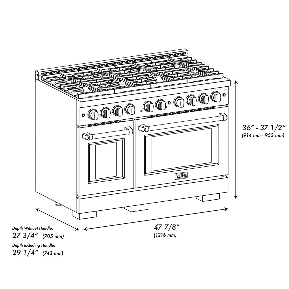 ZLINE Designer Collection 48 in. 6.7 cu. ft. Paramount Gas Range with 8 Burner DuoPro™ Cooktop and Dual Ovens in Black Satin Stainless Steel with Matte Black and Champagne Bronze Accents, Open Box-Good Condition dimensional diagram.