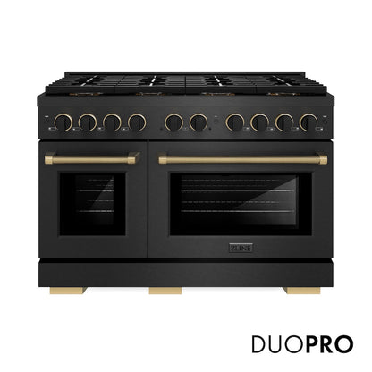 ZLINE Designer Collection 48 in. 6.7 cu. ft. Paramount Gas Range with 8 Burner DuoPro™ Cooktop and Dual Ovens in Black Satin Stainless Steel with Matte Black and Champagne Bronze Accents (PSGRBSZ-48-MBCB) front, with DuoPro™ logo.