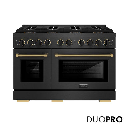 ZLINE Designer Collection 48 in. 6.7 cu. ft. Paramount Gas Range with 8 Burner DuoPro™ Cooktop and Dual Ovens in Black Satin Stainless Steel with Matte Black and Champagne Bronze Accents, Open Box-Great Condition