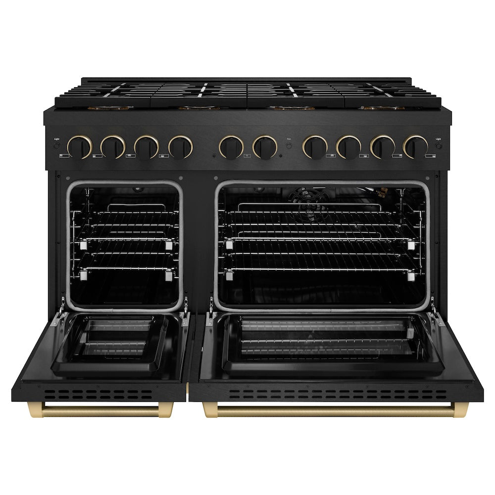 ZLINE Designer Collection 48 in. 6.7 cu. ft. Paramount Gas Range with 8 Burner DuoPro™ Cooktop and Dual Ovens in Black Satin Stainless Steel with Matte Black and Champagne Bronze Accents (PSGRBSZ-48-MBCB) front, oven open.
