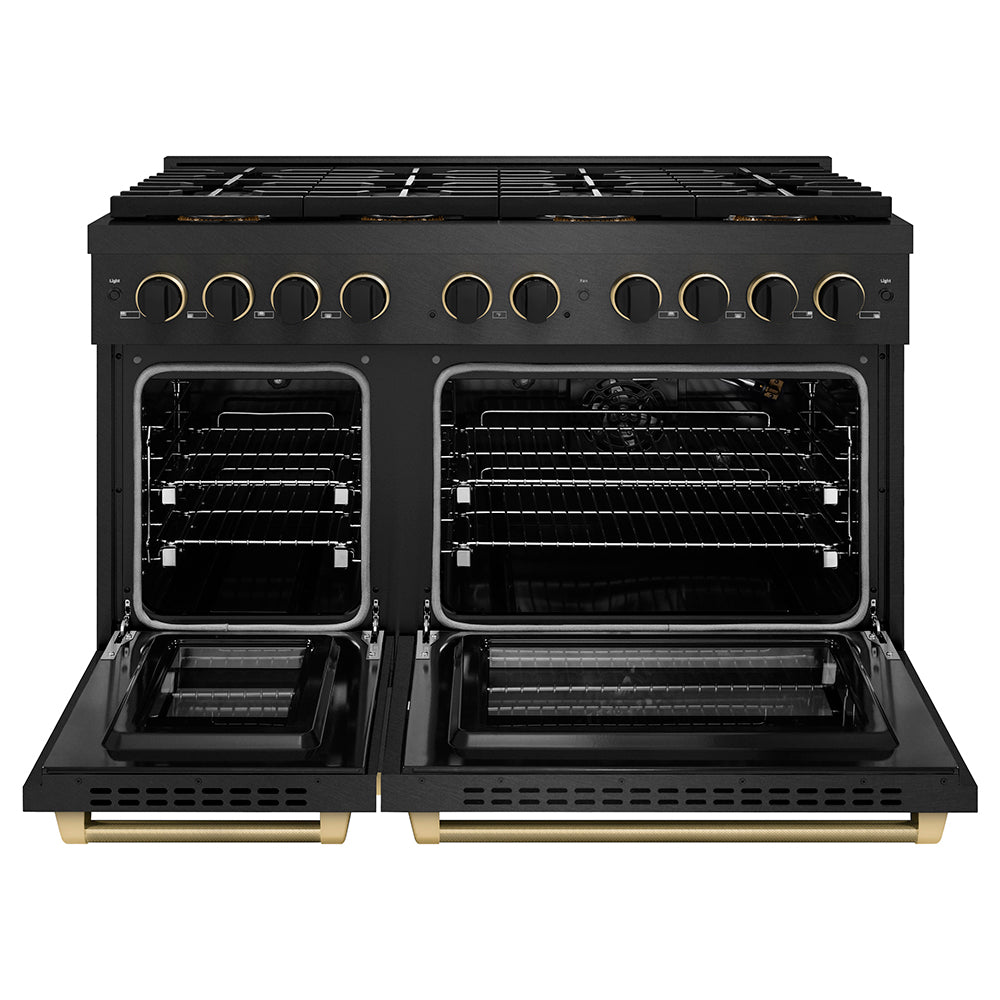 ZLINE Designer Collection 48 in. 6.7 cu. ft. Paramount Gas Range with 8 Burner DuoPro™ Cooktop and Dual Ovens in Black Satin Stainless Steel with Matte Black and Champagne Bronze Accents, Open Box-Good Condition