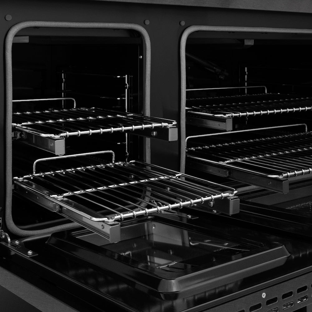ZLINE Designer Collection 48 in. 6.7 cu. ft. Paramount Gas Range with 8 Burner DuoPro™ Cooktop and Dual Ovens in Black Satin Stainless Steel with Matte Black and Champagne Bronze Accents (PSGRBSZ-48-MBCB) side, oven open showing racks extended.