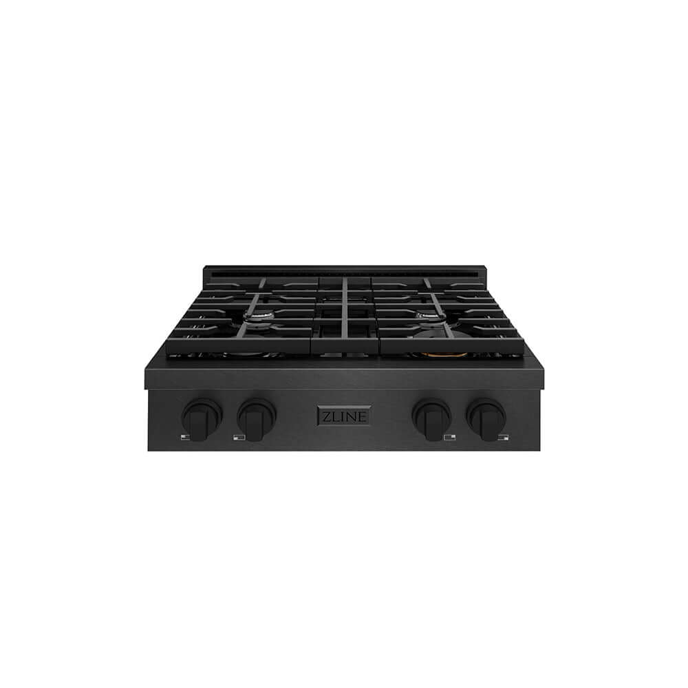 ZLINE 30 in. Paramount Gas Rangetop with 4 Burners and Porcelain Cooktop in Black Satin Stainless Steel (SRTBS-30) front.