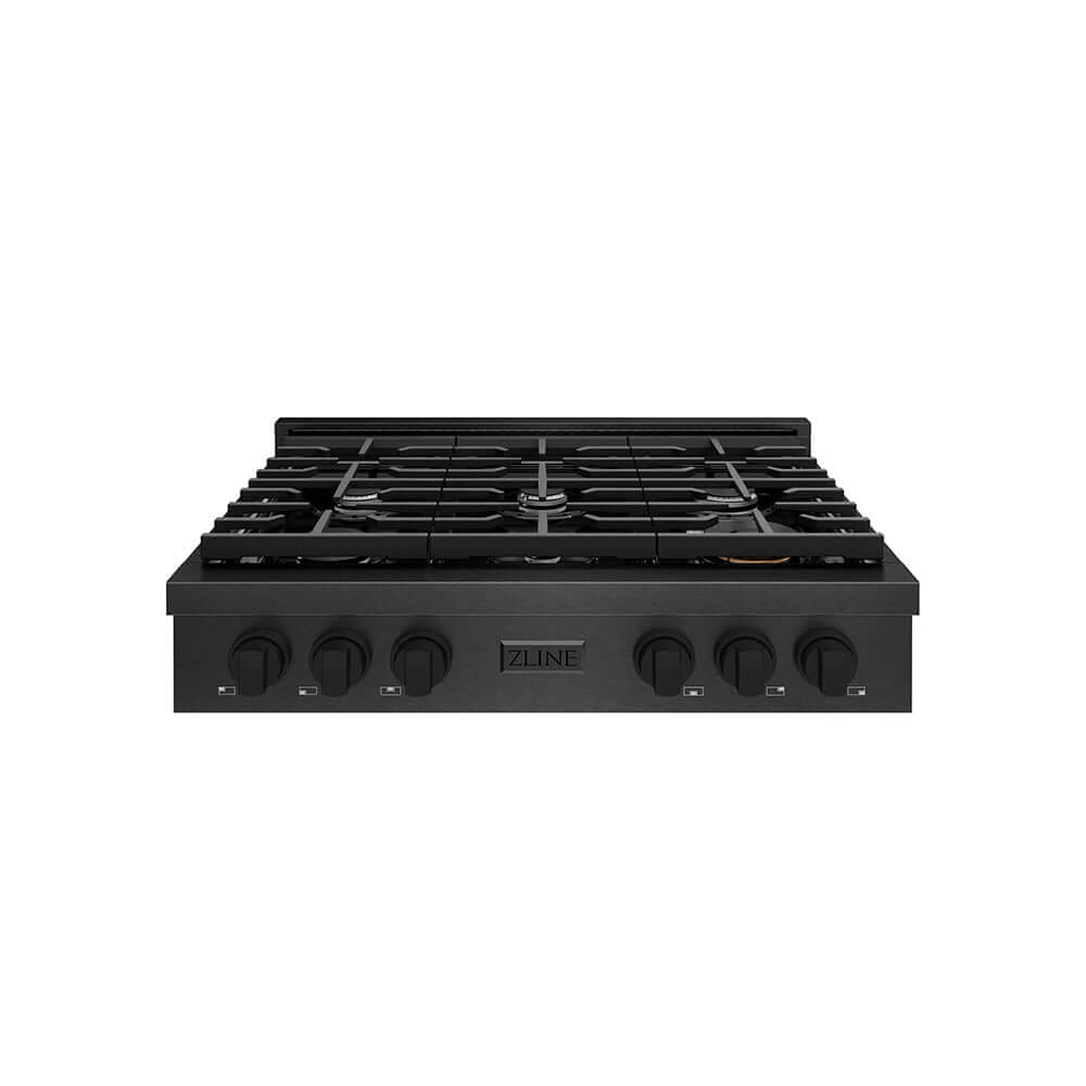 ZLINE 36 in. Paramount Gas Rangetop with 6 Burners and Porcelain Cooktop in Black Satin Stainless Steel (SRTBS-36) front.
