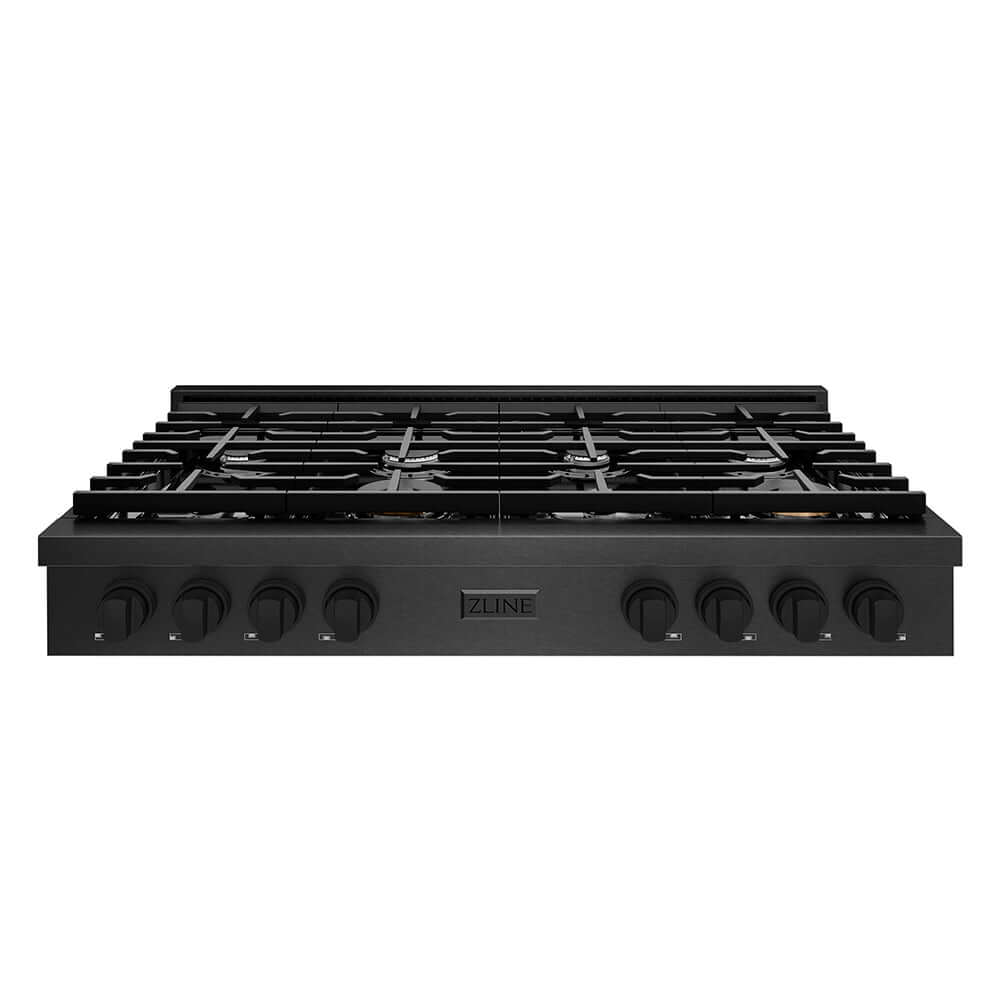 ZLINE 48 in. Paramount Gas Rangetop with 8 Burners and Porcelain Cooktop in Black Satin Stainless Steel (SRTBS-48) front.