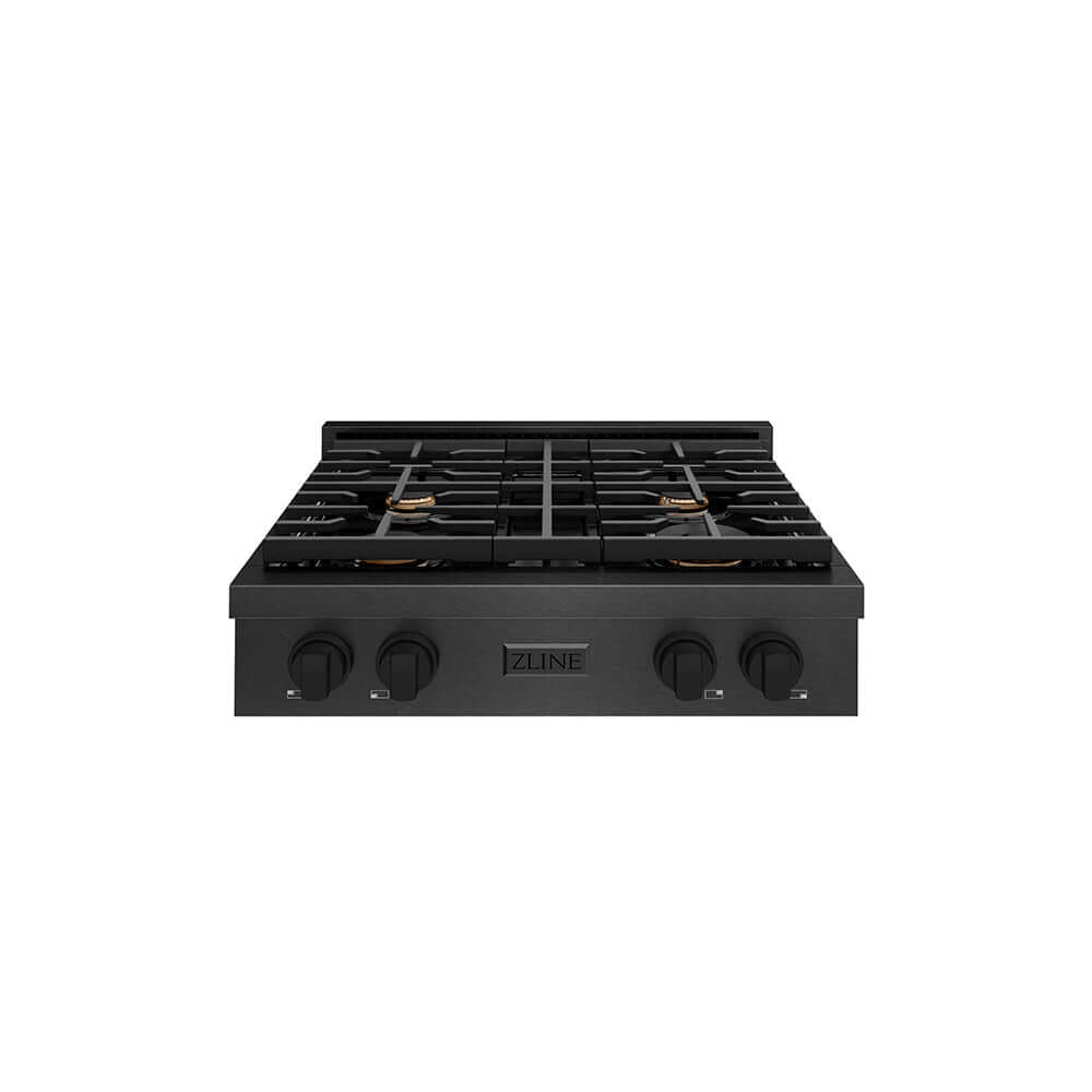 ZLINE 30 in. Paramount Gas Rangetop with 4 Brass Burners and Porcelain Cooktop in Black Satin Stainless Steel (SRTBS-BR-30) front.