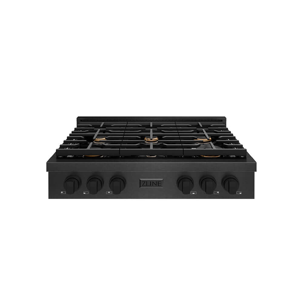 ZLINE 36 in. Paramount Gas Rangetop with 6 Brass Burners and Porcelain Cooktop in Black Satin Stainless Steel (SRTBS-BR-36) front.