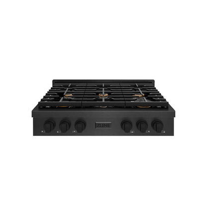 ZLINE 36 in. Paramount Gas Rangetop with 6 Brass Burners and Porcelain Cooktop in Black Satin Stainless Steel (SRTBS-BR-36) front.