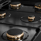 ZLINE 36 in. Paramount Gas Rangetop with 6 Brass Burners and Porcelain Cooktop in Black Satin Stainless Steel (SRTBS-BR-36) black porcelain cooktop and burners with no grates.