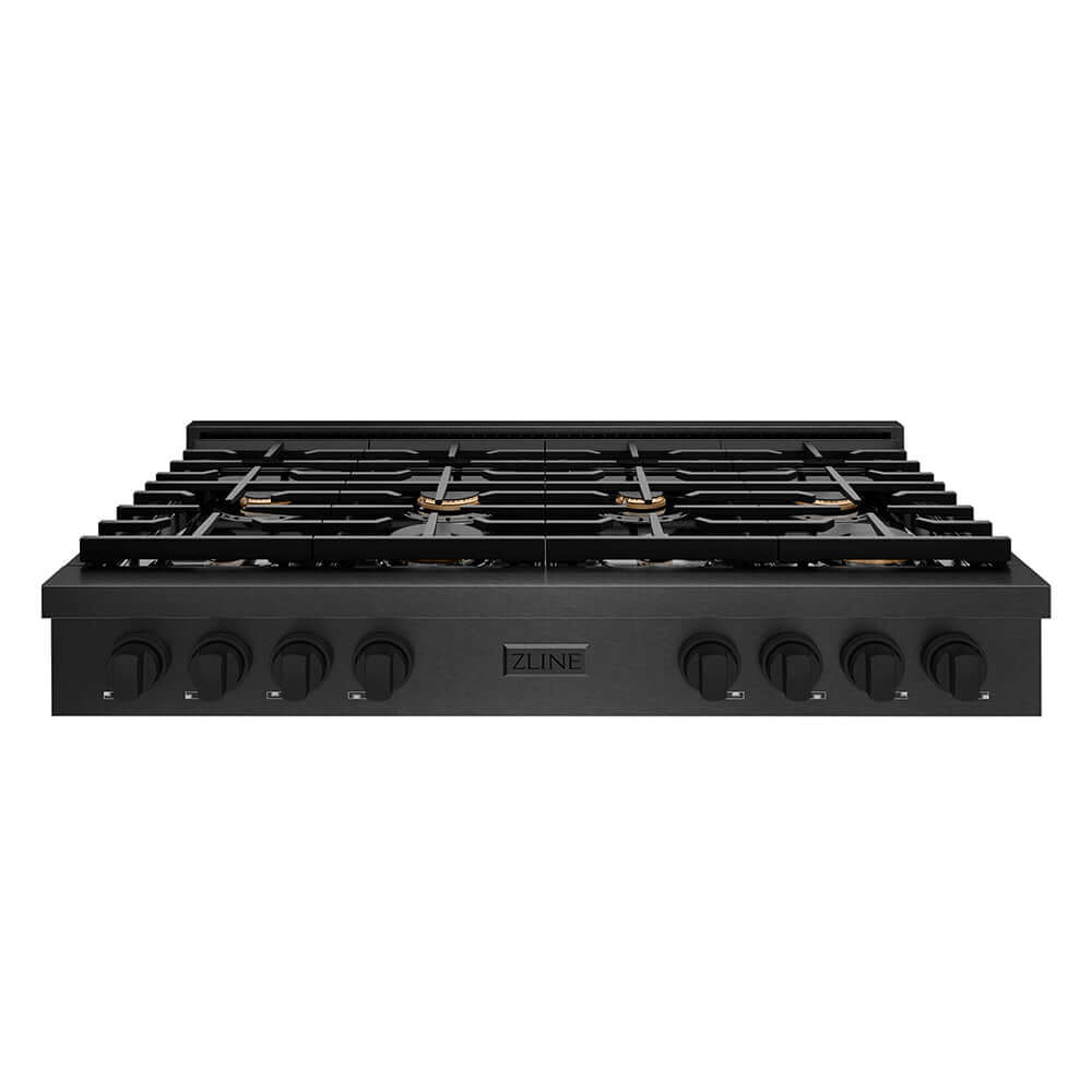 ZLINE 48 in. Paramount Gas Rangetop with 8 Brass Burners and Porcelain Cooktop in Black Satin Stainless Steel (SRTBS-BR-48) front.