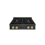 ZLINE Autograph Edition 30 in. Paramount Gas Rangetop with 4 Burners and Porcelain Cooktop in Black Satin Stainless Steel with Champagne Bronze Accents (SRTBSZ-30-CB) front.